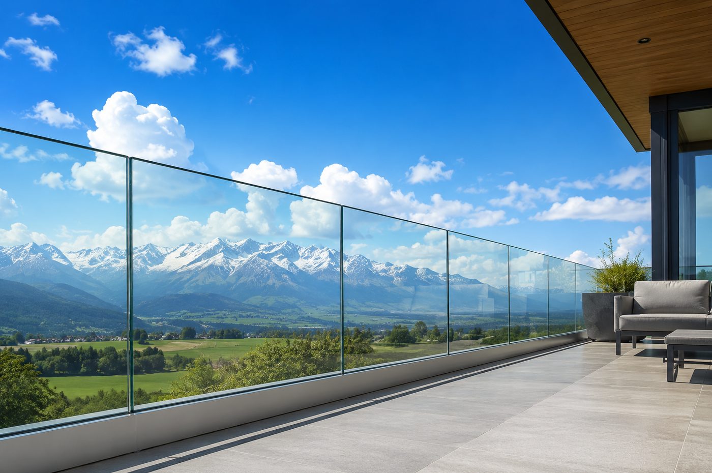 Terrasse mit Ganzglasgeländer und Blick auf die verschneiten Berge